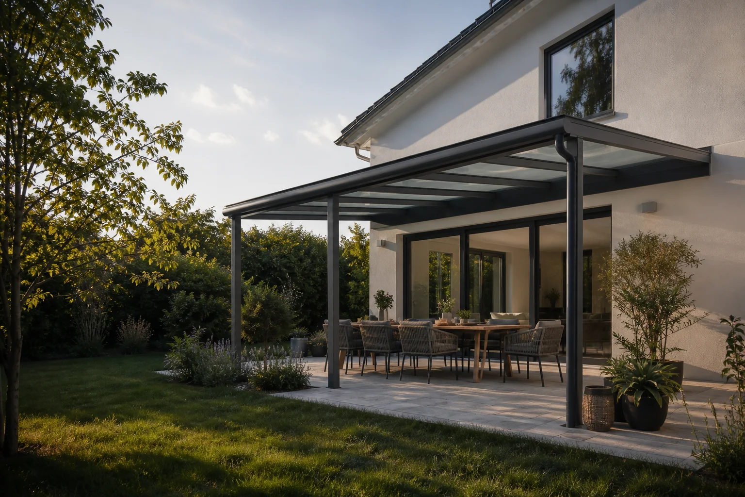 Moderne Terrassenüberdachung an einem Wohnhaus